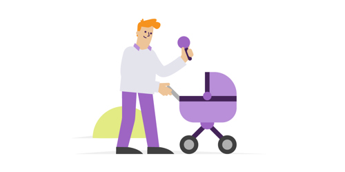 Illustratie van een man die achter een kinderwagen loopt. In zijn hand houdt hij een rammelaar vast.