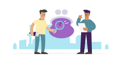 Illustratie van twee mannen bij een grote portemonnee. De ene man houdt een vergrootglas voor de portemonnee. De ander staat ernaast met een stuk papier in zijn handen.